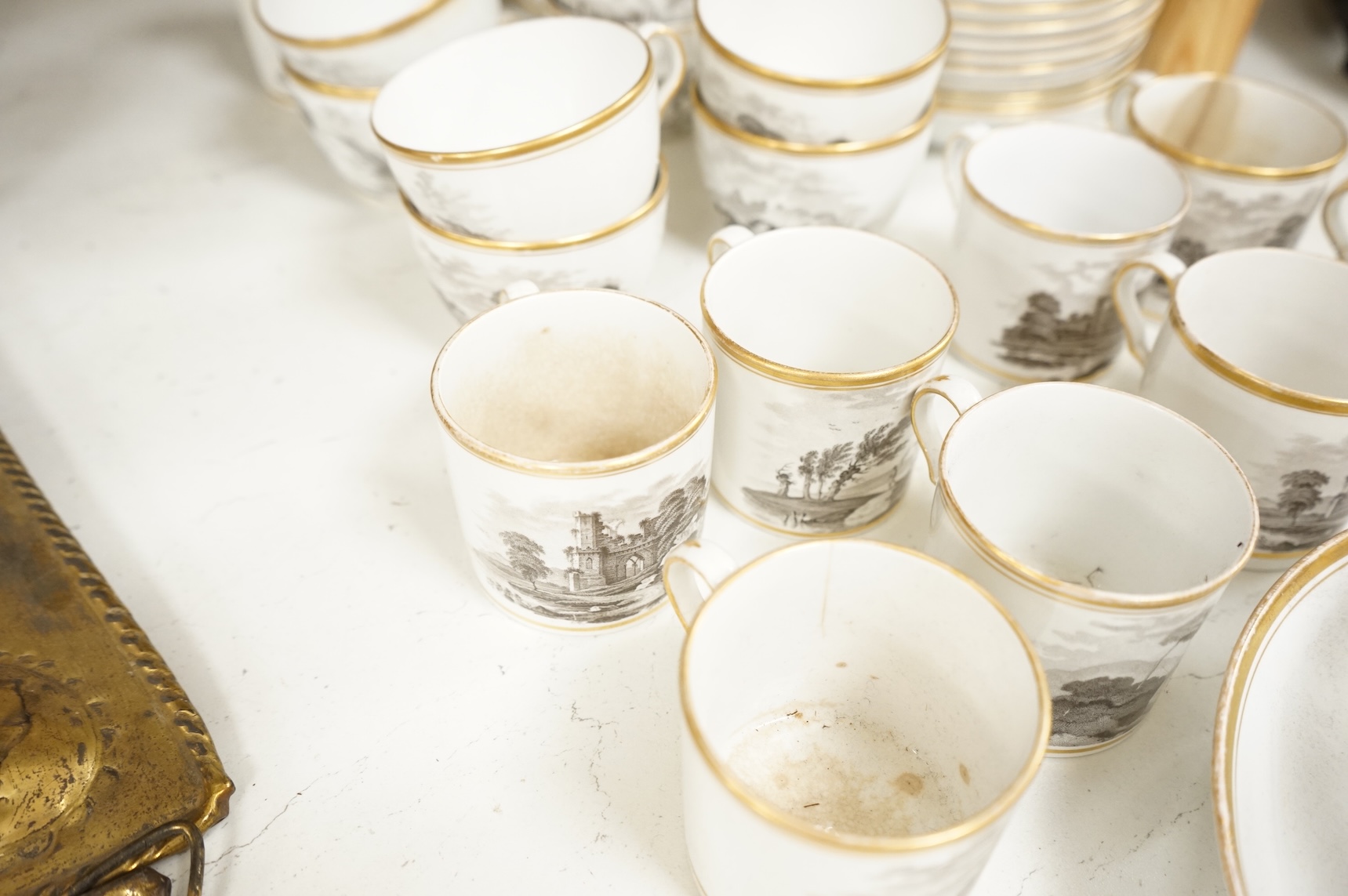 A Spode bat-printed part tea / coffee set, c.1802, including pattern 557, largest 26cm wide